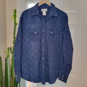 Wrangler Wrancher Pearl Snap Western Cowboy Blue Dress Shirt, Size Mens XL